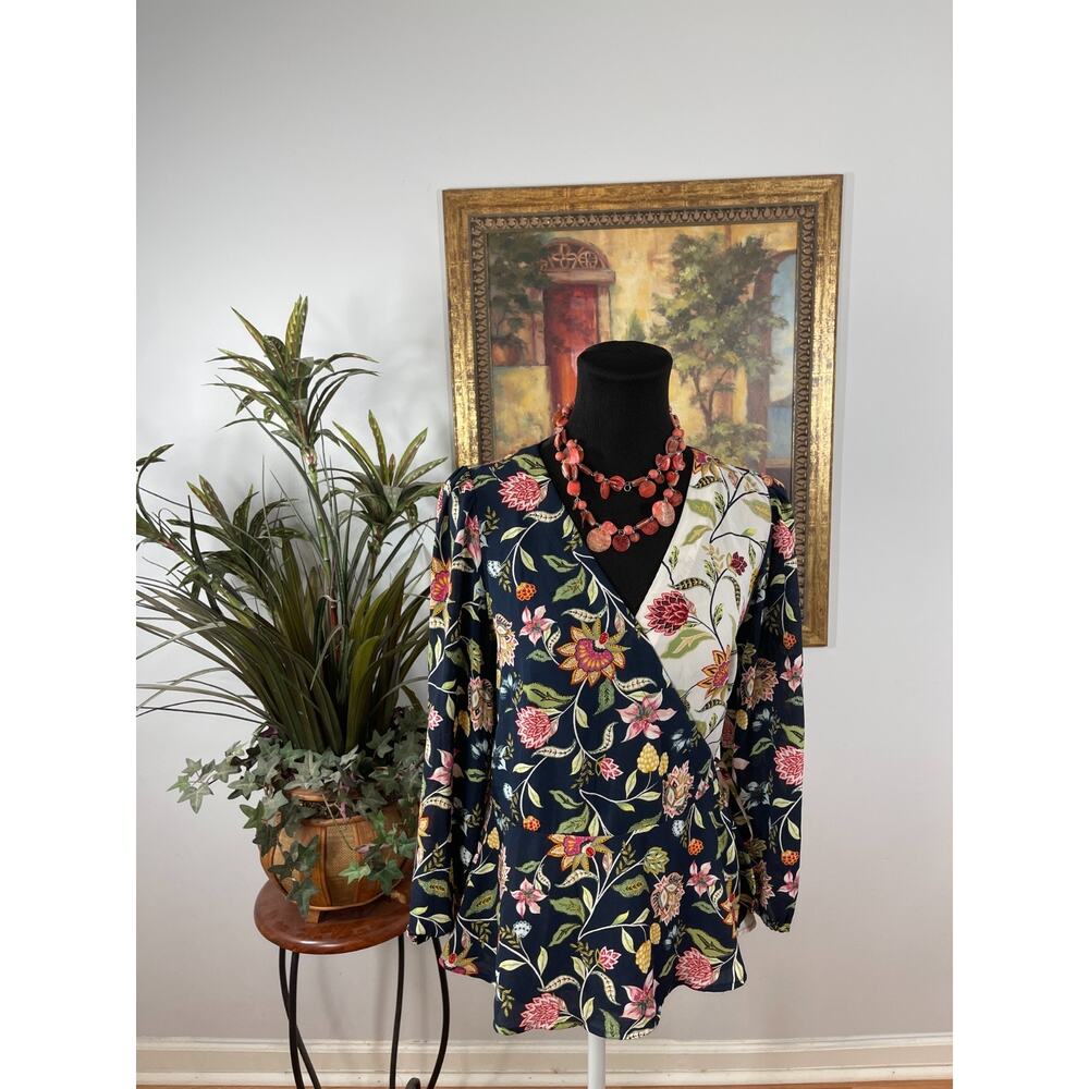 Women's Peplum Tunic Top Navy Floral V Neck Feminine Whimsigoth Cottagecore